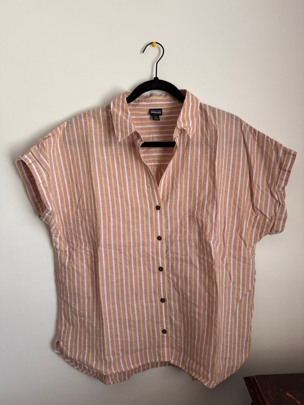 Patagonia Peach and White Striped Short-Sleeve Button-Down Shirt